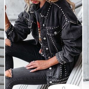 Kind of a Big Deal Pocketed Studded Denim Jacket in Black